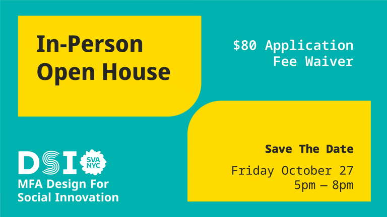 A graphic of yellow shapes on a blue background and In-Person Open House Save The Date Friday October 27 5pm - 8pm