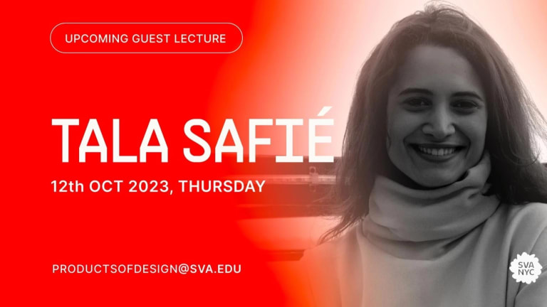 A red graphic with a black and white photo of a smiling woman in a white turtleneck. To the left of the image is white text that reads "Tala Safie" 