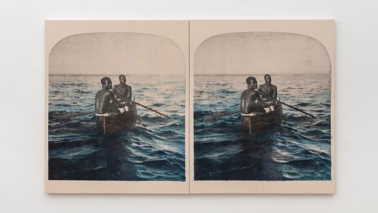 A two panel artwork by Simon Benjamin showing two silkscreened images on canvas next to each other. The images show two men sitting in a boat in the middle of water.