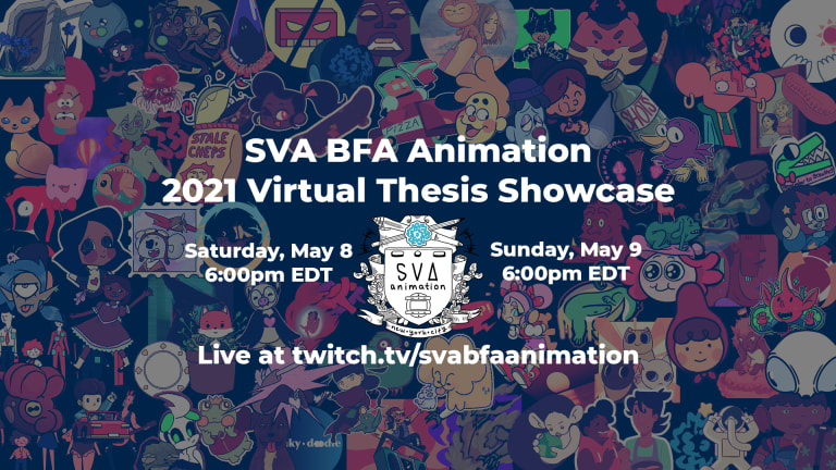 SVA BFA Animation 2021 Virtual Thesis Showcase is written above the Department's coat of arms while artwork from the class of 2021 is displayed behind