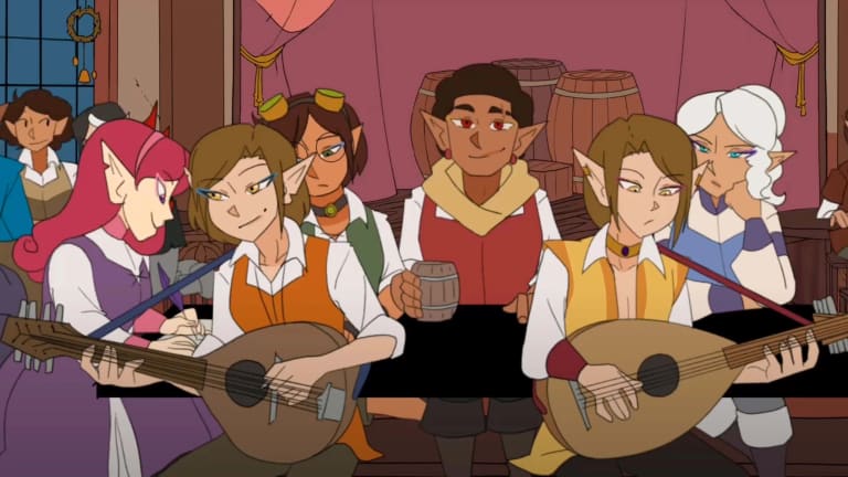 six fantasy adventurers sit in a tavern together surrounded by other tavern patrons