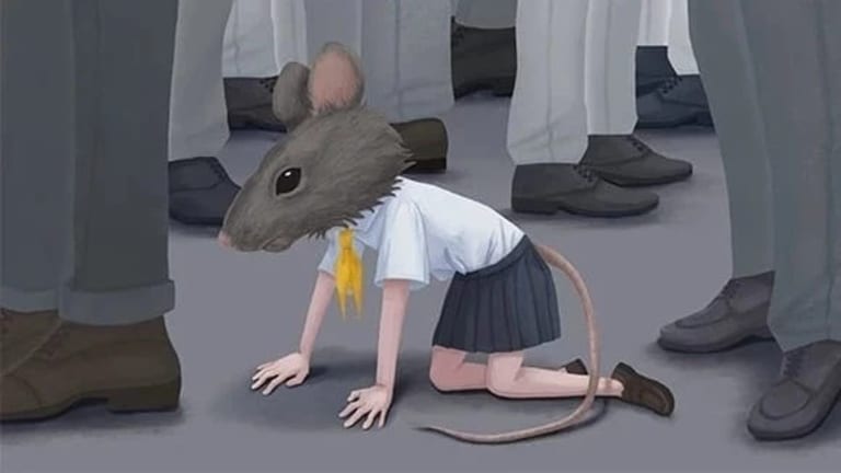  The subject of this illustration is a girl with a rat's head and tail, bent on her knees, surrounded by people wearing men’s suit pants and shoes. Use this image for both headers. 