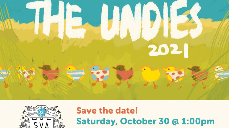 "the undies 2021" text above a meadow with ducks with underwear on them. SVA logo and details underneath illustration. 