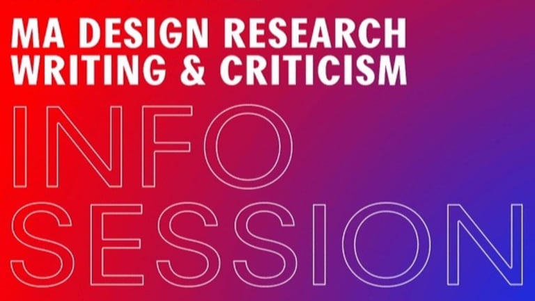 A graphic promoting MA Design Research, Writing and Criticism's online Info Session on December 1