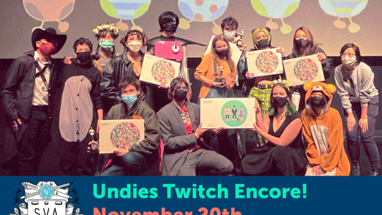 Undies Twitch Encore! November 20th text at bottom of screen with BFA Animation department coat of arms. Above text is a photo of all the 2021 Undies winners with BFA Animation staff. 