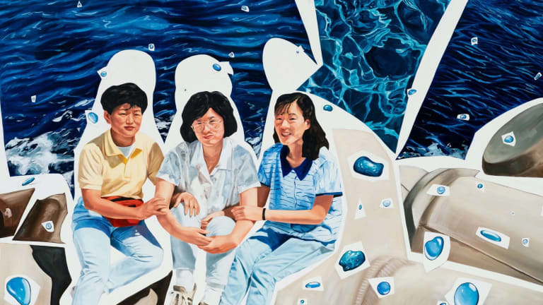 Image of painting by Ji Woo Kim of 3 people cut out and sitting in front of a body of water with droplets scattered around.
