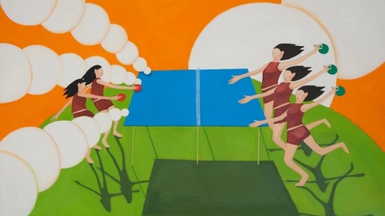 Painting of a ping pong table surrounded by 6 figures with paddles against an orange sky.