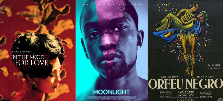 From left: Movie posters for "In the Mood For Love," "Moonlight," and "Black Orpheus."