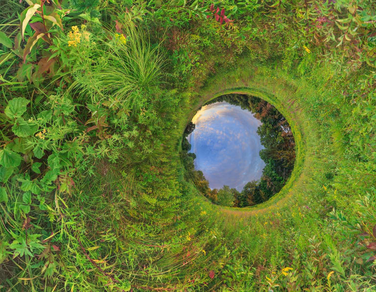 a 360 degree panoramic photo of a meadow in upstate New York taken near sunset. The perspective of the scene has been transformed so that the horizon appears as a circle to the right and very slightly below the center of the image.