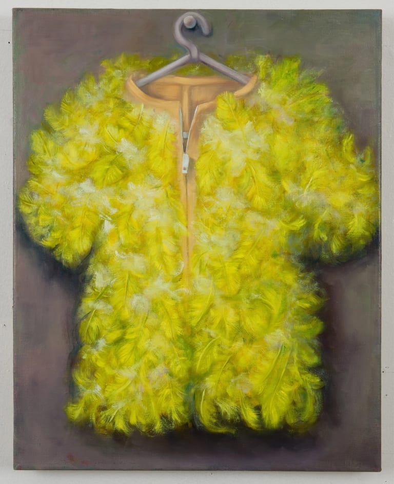 Painting of a yellow feathered vest with a zipper down the middle against a gray background
