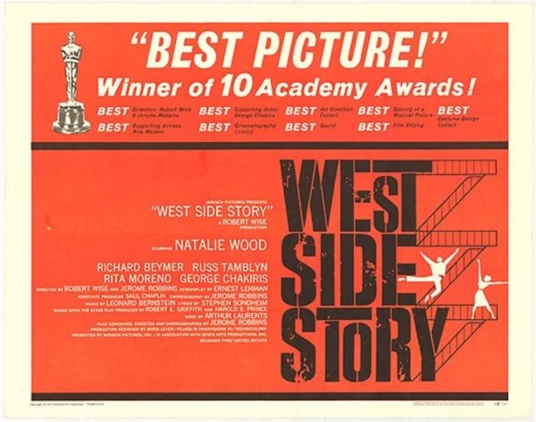 A movie poster advertises for the film West Side Story. There is red, black, and white used for the words and images.