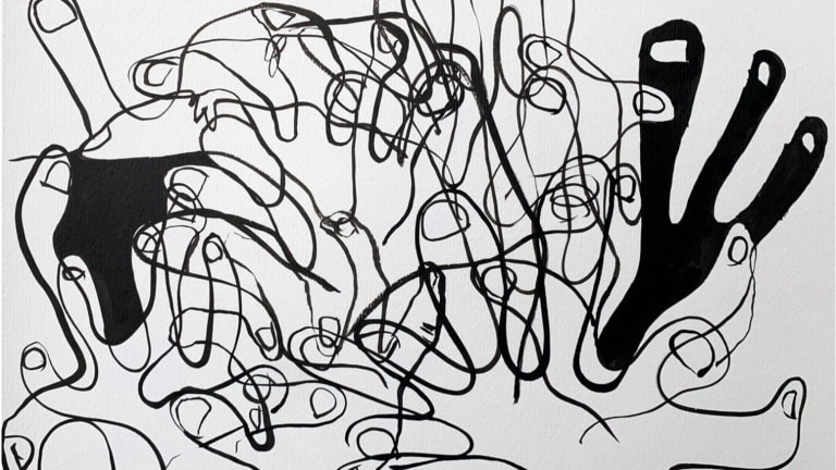 Black and white abstract drawing of fingers and toes