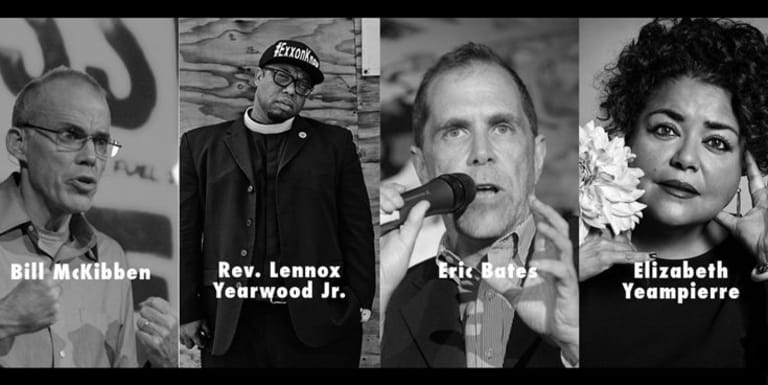 There are four black and white images of various people. From left to right there is Bill Mckibben, Rev. Lennox Yearwood Jr., Eric Bates, and Elizabeth Yeampierre.