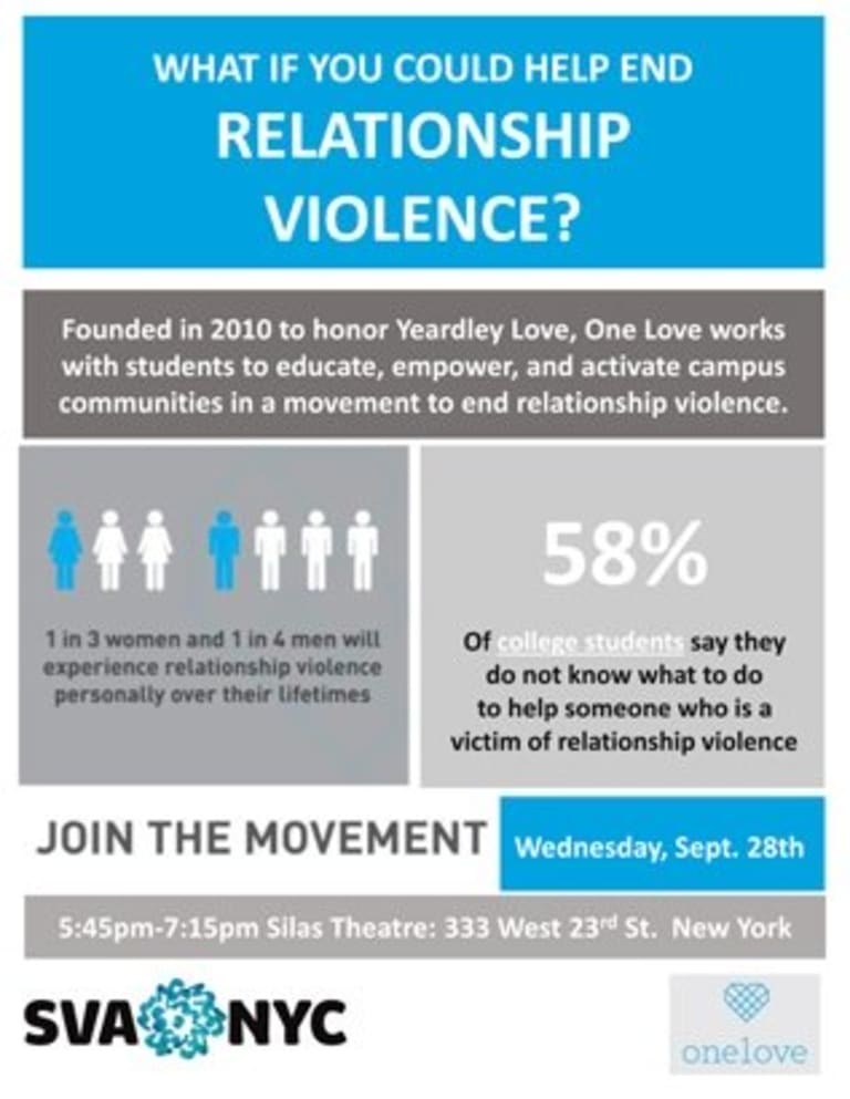 An infographic about relationship violence. It is also an advertisement for attending an event or workshop about the topic.