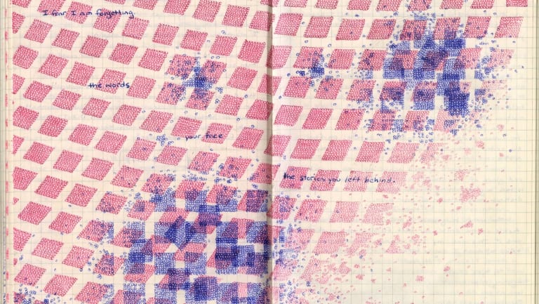 A blu inked design on a pink stitched cloth