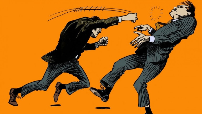 Illustration of a man in a black suit punching another man in a black suit, on an orange background