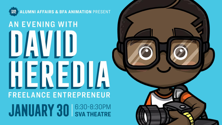 A chibi version of David Heredia used for his upcoming talk at SVA titled, "An Evening With David Heredia, Freelance Entrepreneur."