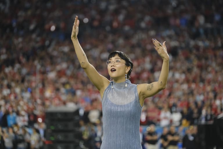 Christine Sun Kim signing the national anthem at the 2020 Super Bowl