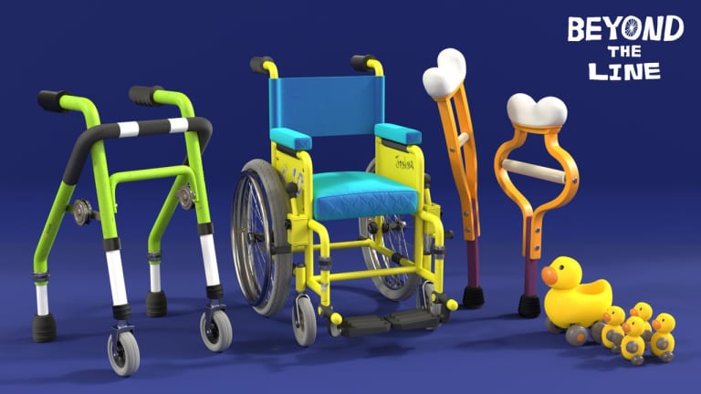 A rendered image of a walker, a wheel chair, and crutches with a group of rubber ducks