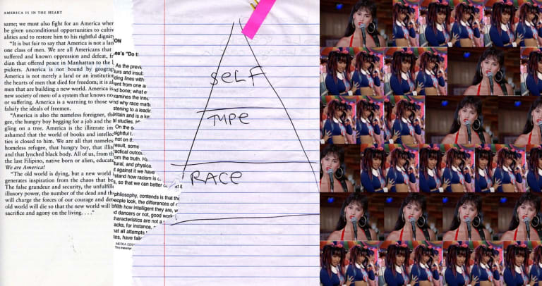 An image of written text next to a drawn triangle next to a collage of two women