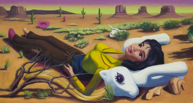 An oil painting of a Barbie doll in the desert