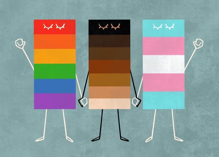 A illustration of three rectangles holding hands. From the left each one represents: the Rainbow flag, different skin tones, and the Transgender flag.