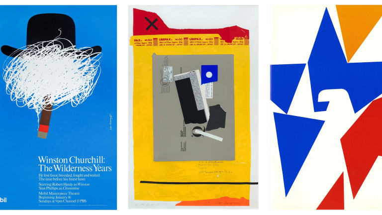 Three images, left to right, left: A blue poster with a face with a black and brown bowler hat and cigar, scratched out in white pencil. White text on the bottom right that reads, "Winston Churchill: The Wilderness Years"; middle: Abstract collage of an addressed envelope to Japan with scraps of paper atop it creating a face that appears to be smoking a cigarette from a letter Q; right: a face made of paper with a grey face, blue eyes and red lips.