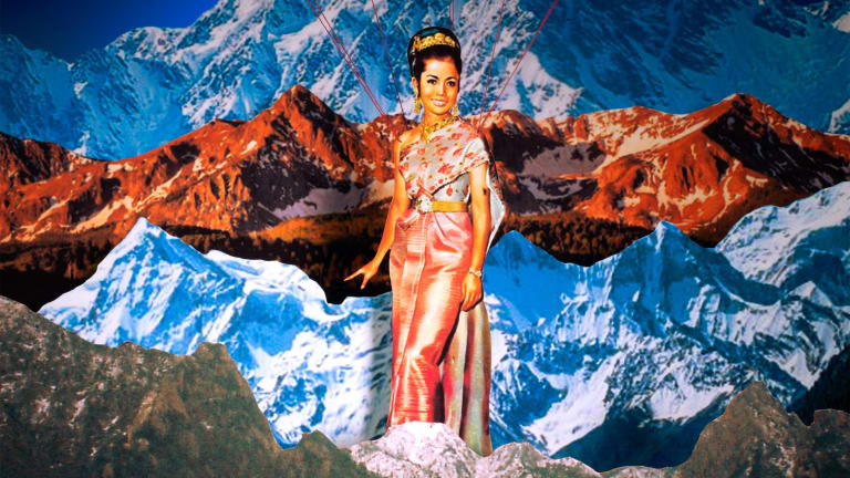 Collage of a woman in formal East Asian attire, supported by multiple red strings, standing in-between layers of distinct mountain ranges.
