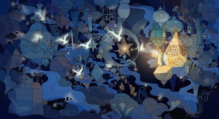 A predominantly blue illustration featuring a dreamlike scene of hanging lanterns, birds, wispy clouds and a lone figure holding either a lamp or a flame.