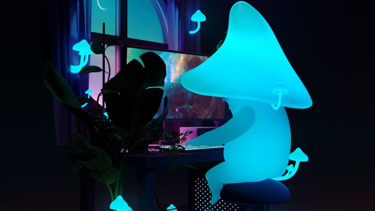 3D animation of a mushroom sitting at a computer in the dark.