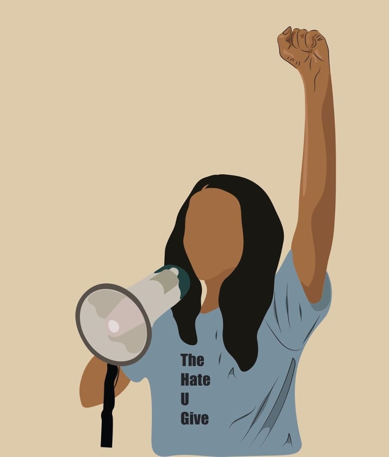 An illustration of a faceless person with their left fist up, holding a microphone in their right hand, wearing a blue shirt that reads, "The Hate You Give."