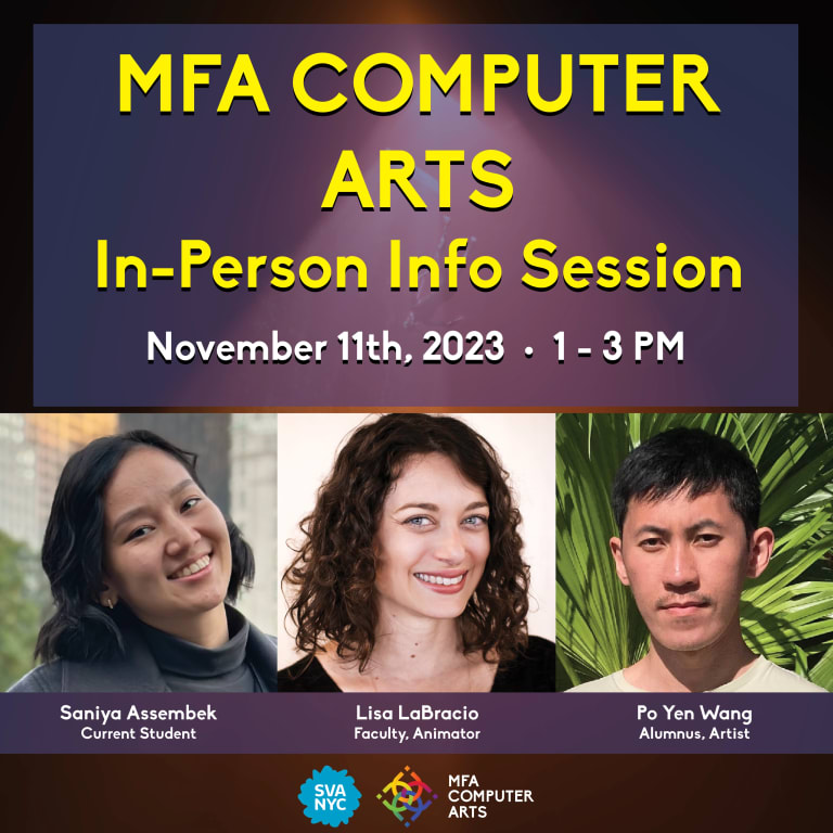 Flyer with event details and speaker information including three head shots and the words "MFA Computer Arts" above them in yellow
