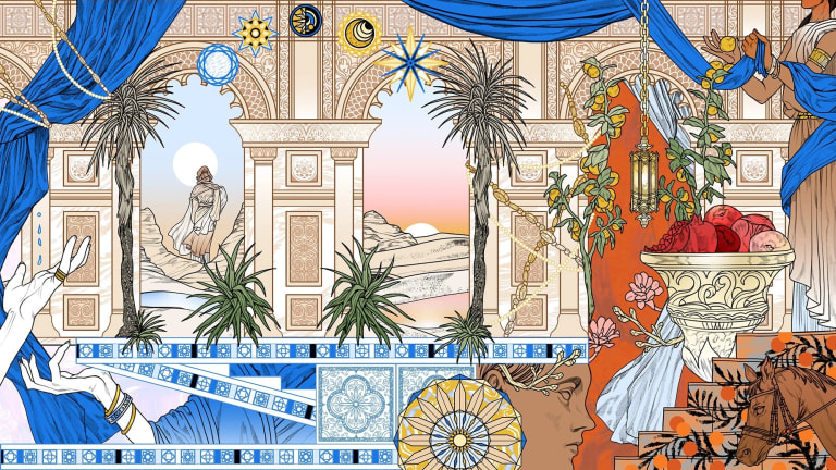 A still frame from a motion video revealing a delicately drawn image where various scenes and elements are juxtaposed together. The predominant colors of orange and blue creating a visually dynamic composition, drawing attention on the intricate details. 