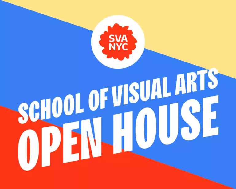 A background with a band of blue running diagonally from the upper left to lower right corner, with yellow above in the upper right and red below in the lower left. Over this is the SVA NYC logo at the top and the phrase School of Visual Arts Open House in white sand serif lettering running diagonally upward from lower left to upper right