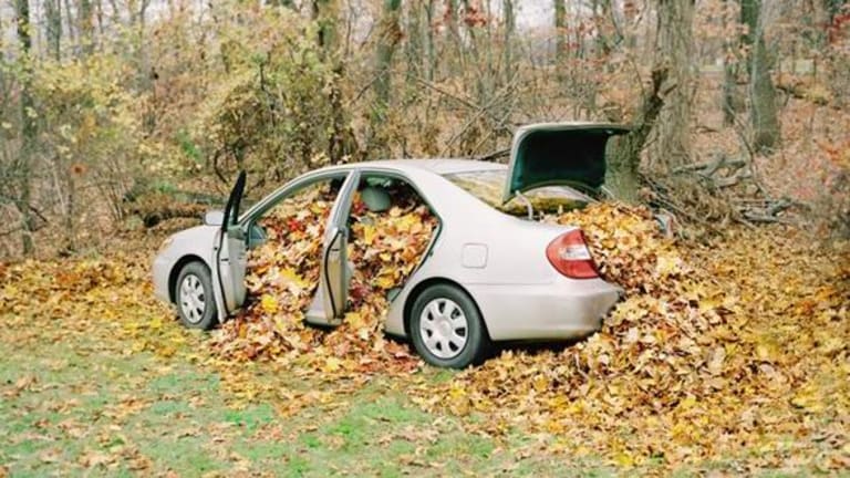 a sedan out in the woods, filled with fallen leaves