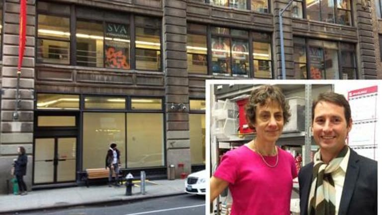 Two businessmen attached to a photo of their store building.