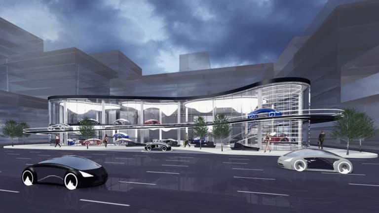 A 3D rendering of a building with futuristic cars outside