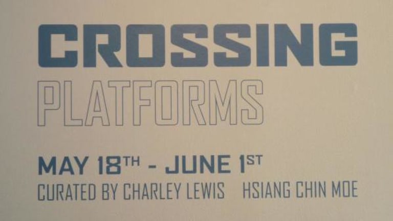 A brown background with the words crossing platforms May 18 through June 1 curated by Charlie Lewis and Hsiang Chin Moe.