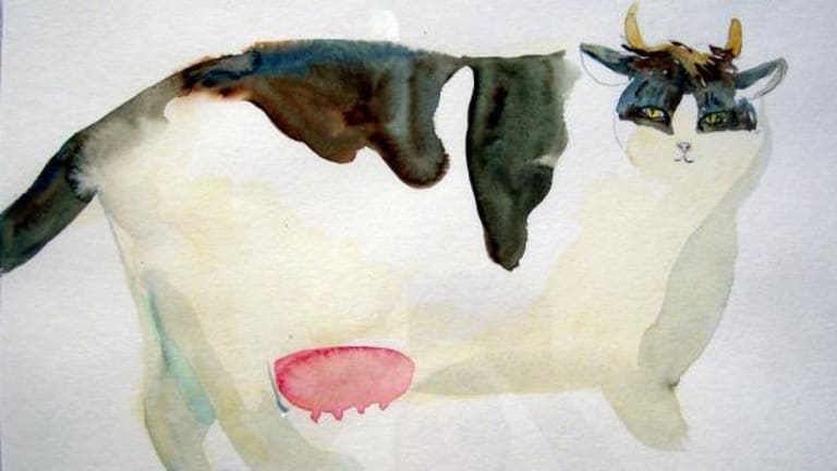 a watercolor painting of a cow