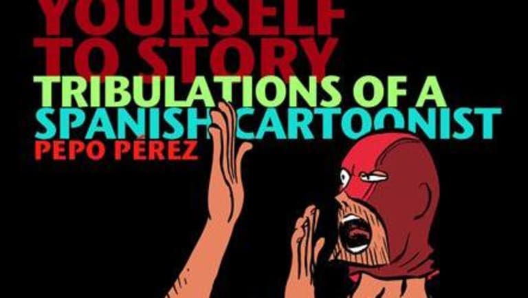 A cartoon of a man doing a karate moves with a mask covering his face wearing a black shirt and a red mask with the inscription that says lose yourself to the story tribulations of a Spanish cartoonist Pepo Perez.