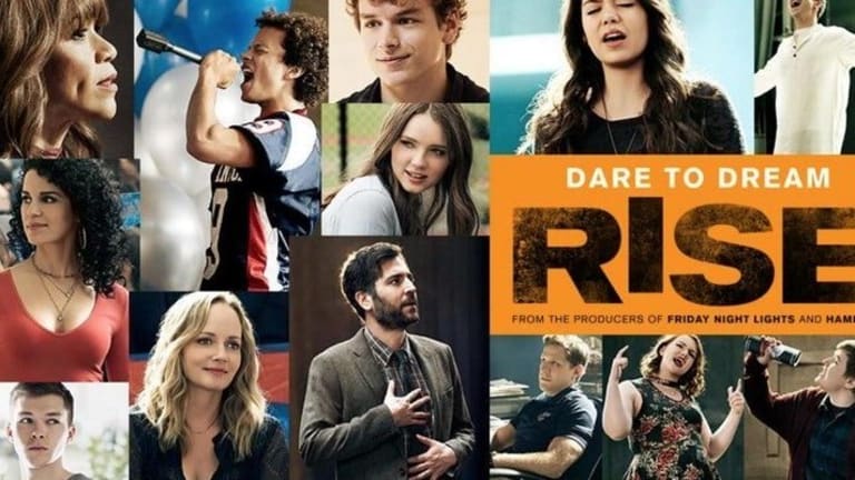 Pictures of white people along with a phrase "DARE TO DREAM RISE-from the producers of friday night lights and hamilton"