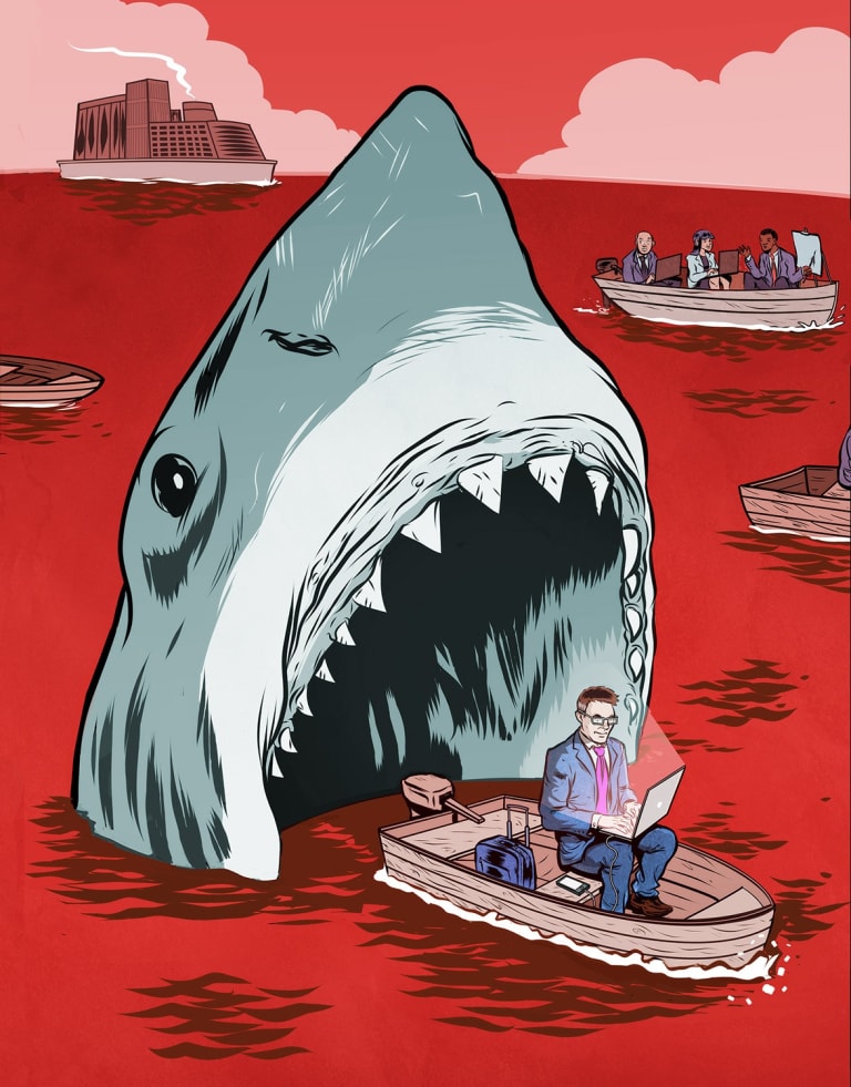 A illustration of a person sitting in a small boat and looking at their laptop. The boat appears to be backing into the open jaws of a gigantic shark.