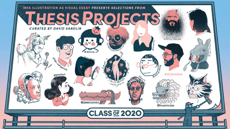 Illustrated graphic of MFA Illustration as Visual Essay's graduating thesis class, featuring a billboard containing a self-portrait by each of the featured artists across it.