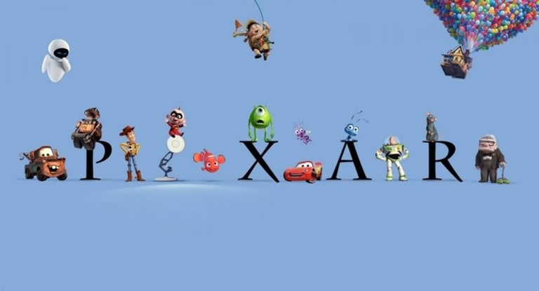 Characters from Pixar movies around the Pixar name.
