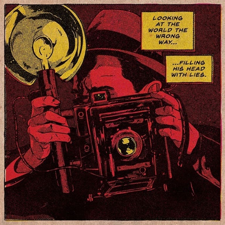 A comic-book-style panel of a person holding up an old-fashioned flashbulb camera.