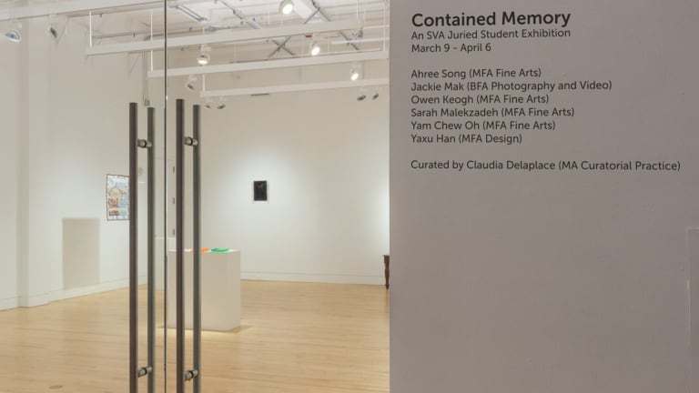 Photograph from outside of gallery space with "Contained Memory" title on the wall to the right along with list of artists and the curator.