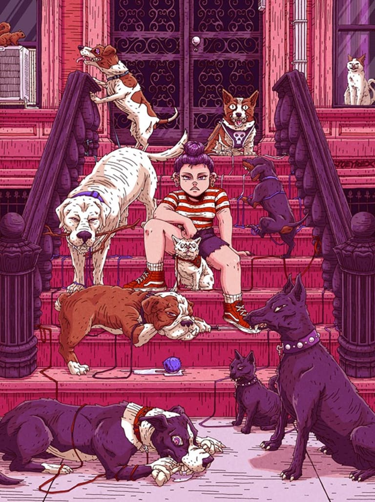An illustration of a girl surrounded by different breeds of dogs by Joey Rex Cardenas