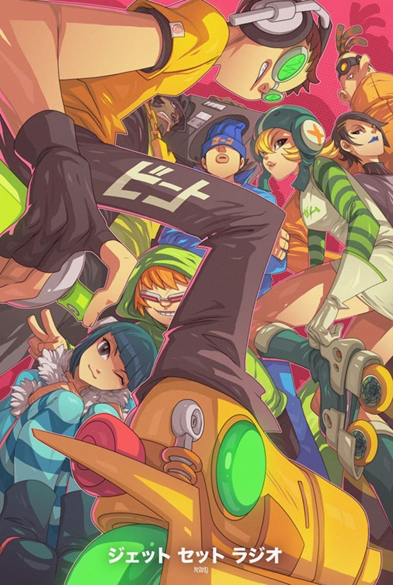 A colorful poster depicting different characters wearing roller blades