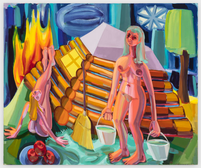 A painting by Judith Linhares. The painting depicts an outdoor scene, possibly in the wilderness. There is a log house, fire, broom, and a plate of apples. Two nude female bodies are depicted. One of them is holding two buckets of water.