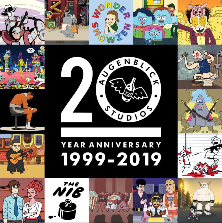A graphic that reads "20 Year Anniversary, 1999-2019, Augenblick Studios," surrounded by a patchwork of animations